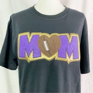 Custom Football Mom Embroidered Appliqué Black T-shirt Purple and Gold Lg NEW